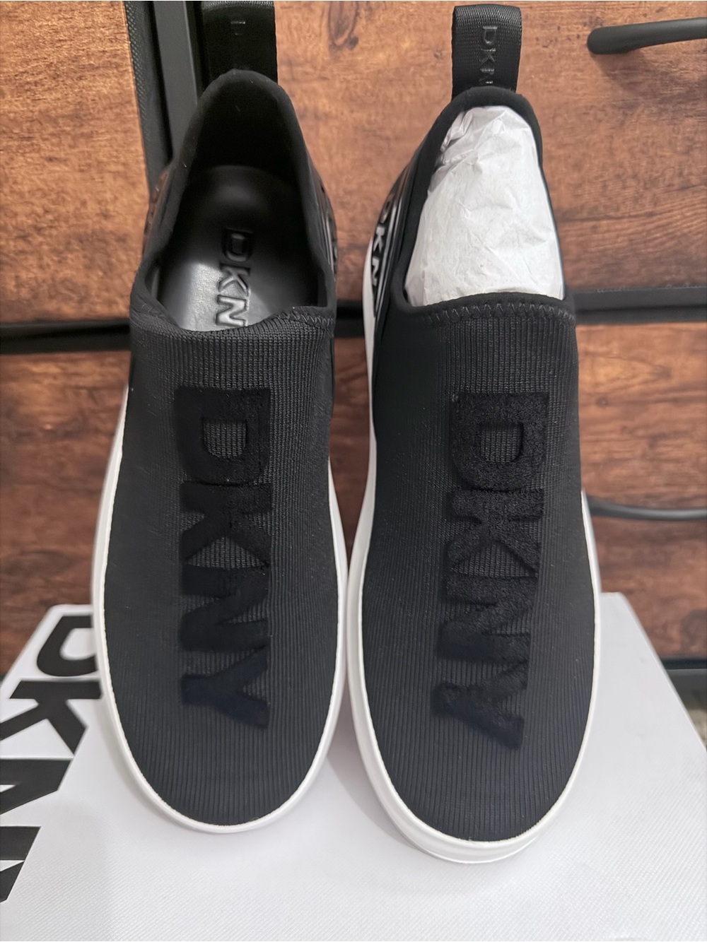 Dkny Black Knit Slip-On Sneakers with White Sole
